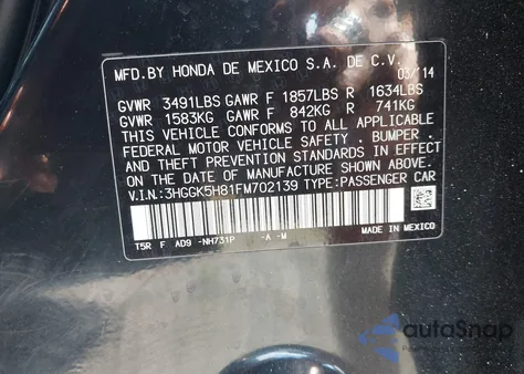 2015 Honda Fit Ex/Ex-L from USA, damaged, VIN 3HGGK5H81FM702139